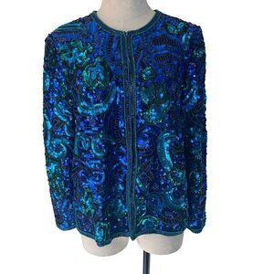 Laurence Kazar Vintage Womens Jacket Size Large Blue Sequin Long Sleeve